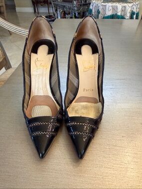 Christian Louboutin Black Patent Pointed-Toe Mesh Pumps
